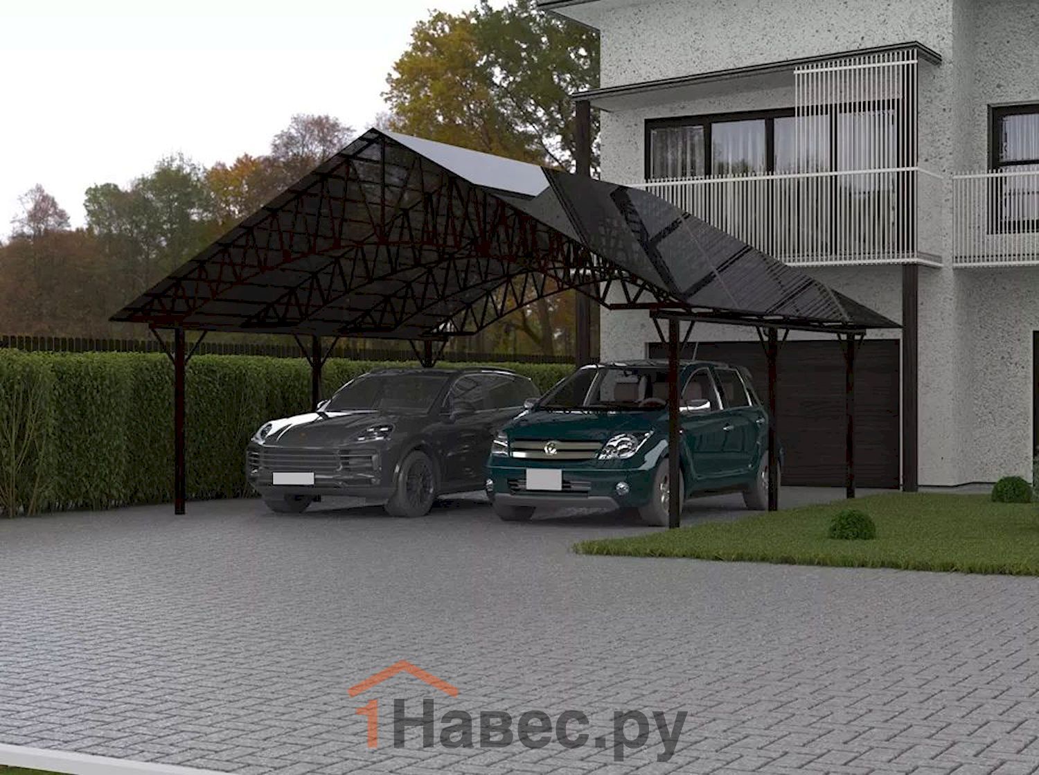 Двускатный навес из поликарбоната для авто на 2 места