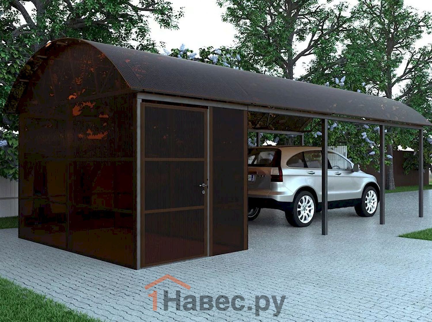 Арочный навес из поликарбоната с хозяйственным блоком